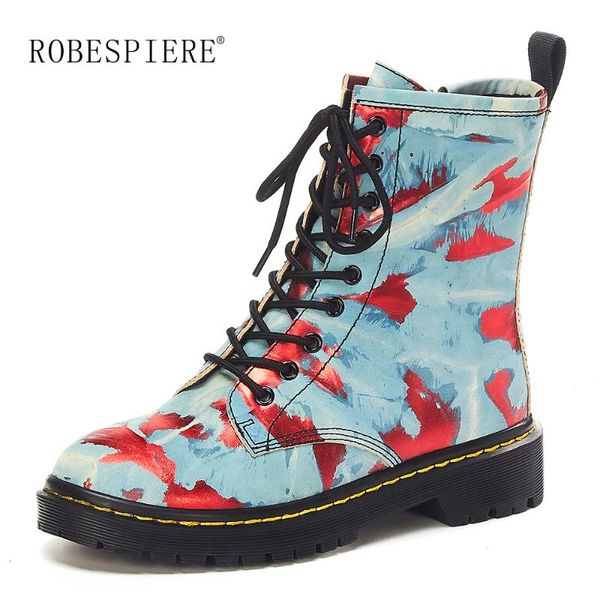 

boots robespiere women winter 2021 platform plush warm shoes fashion lace up print female genuine leather b90, Black