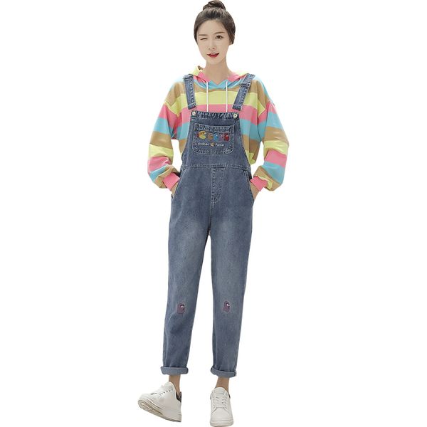 

women's jeans college style denim bib pants women harajuku cartoon anime embroidery jumpsuit loose overalls cotton female rompers, Blue