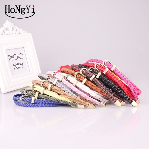 

elegant fashion women belt weave leather waistband buckle belt soild color small fresh slender dress accessories 2020, Black;brown