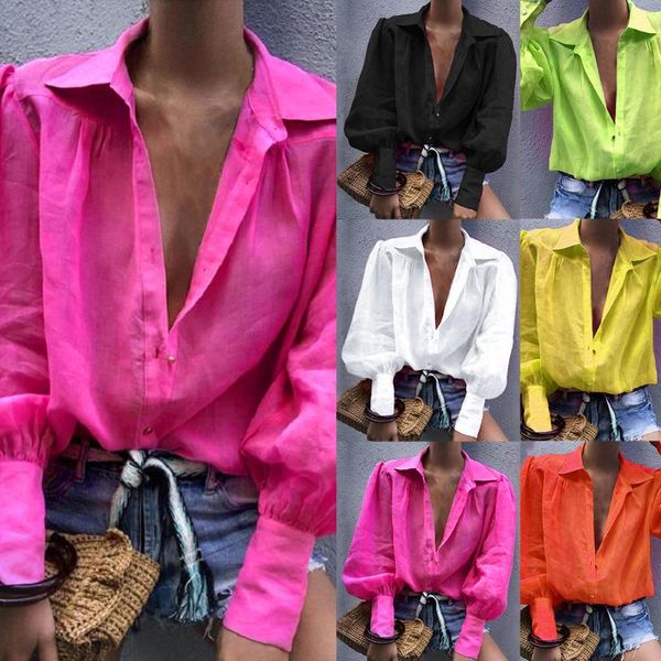 

blouses shirts women 2020 autumn v-neck office ladies blouse women lantern long sleeve loose solid button shirts, White