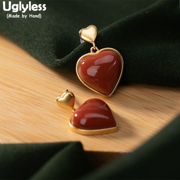 

uglyless valentine's day gifts jewelry for girlfriends sweet love heart-shape agate jade earrings women 925 silver heart golden