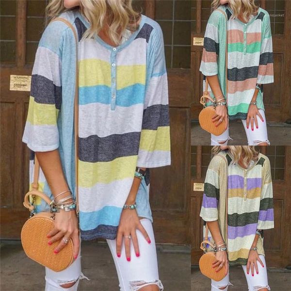 

loose crew neck fashion female clothing print casual stripe blouses womens designer contrast color tshirts patchwork, White