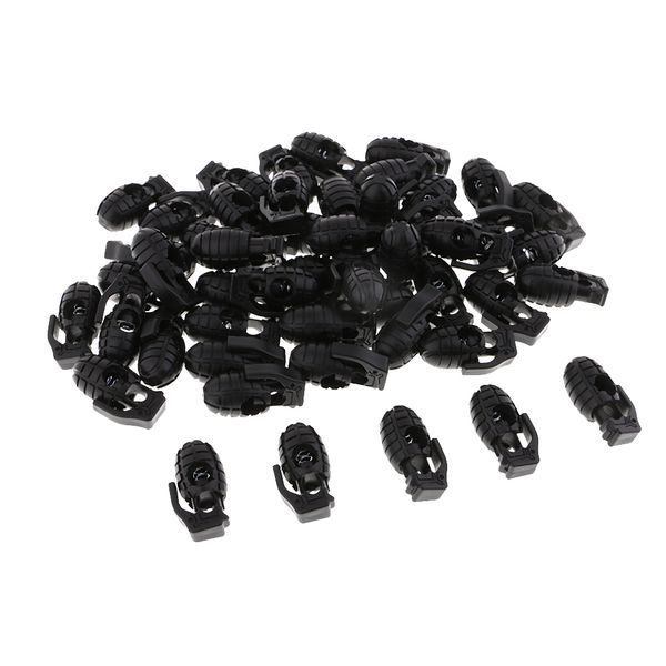 

50 pieces plastic hand grenade toggle spring clasp ssingle hole cord locks, Black