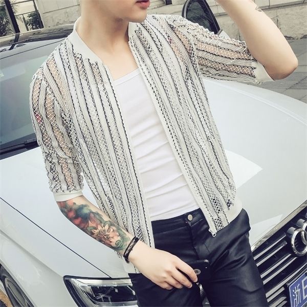 

summer sun protection clothing bomber jacket 2020 fashion striped thin jackets men plus size half sleeve casual hollow men coats, Black;brown