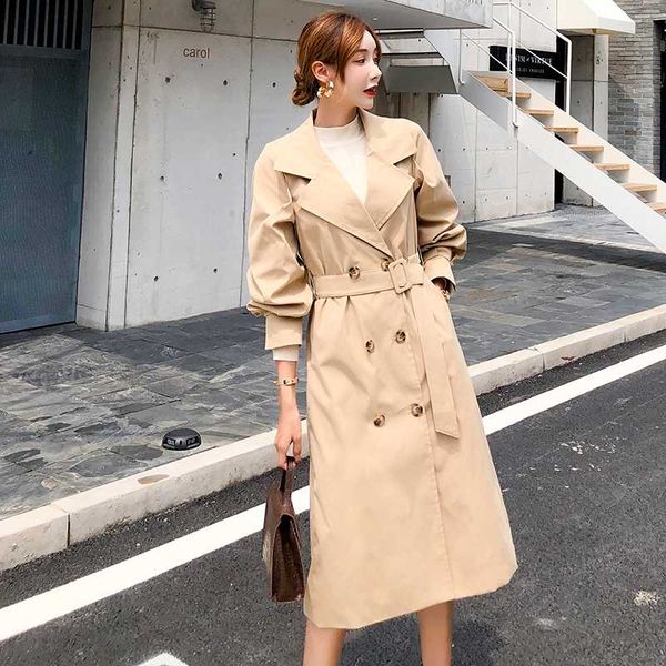 

jsxdhk new arrival fashion women lantern sleeve trench coat spring autumn khaki double-breasted female office long belt coats, Tan;black