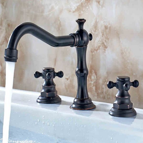 

bathroom sink faucets black oil rubbed bronze double handles 3 holes install widespread deck mounted basin faucet mixer tap mhg004
