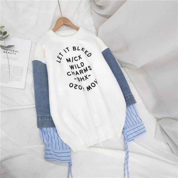 

2020 autumn and winter new korean sweater style round neck knitted women's alphabet printed denim plaid stitching sleeve sweater sevxo, White;black