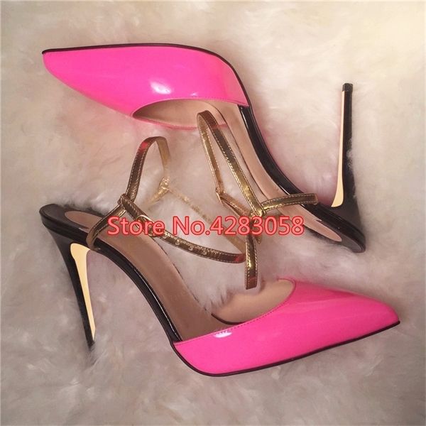 

2019 fashion women neon patent leather poined toe stiletto high heel shoe pump high-heeled shoes sandal slingback 0925, Black