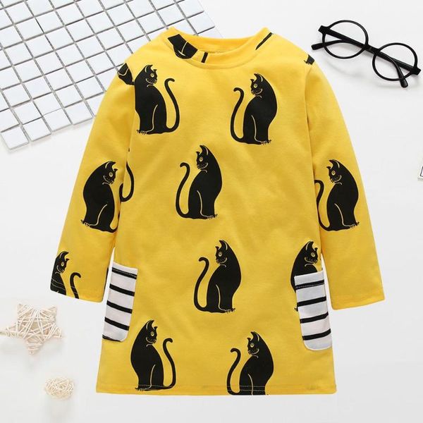 

patpat 2020 new spring and autumn cute cat print striped pockets long-sleeve dress for toddler girl, Red;yellow