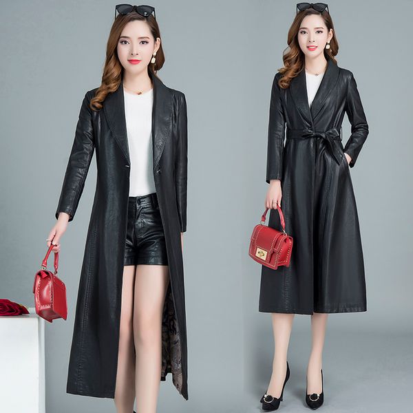 

women's leather & faux coat spring ladies pu jacket mid-length autumn fashion motorcycle windbreaker black red women over the knee