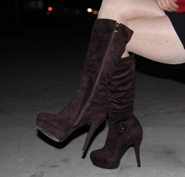 

new fashion brown suede, decorative buckle, zipper, waterproof 2.5 cm, 12.5 cm high-heeled boots. size: 35-43, Black