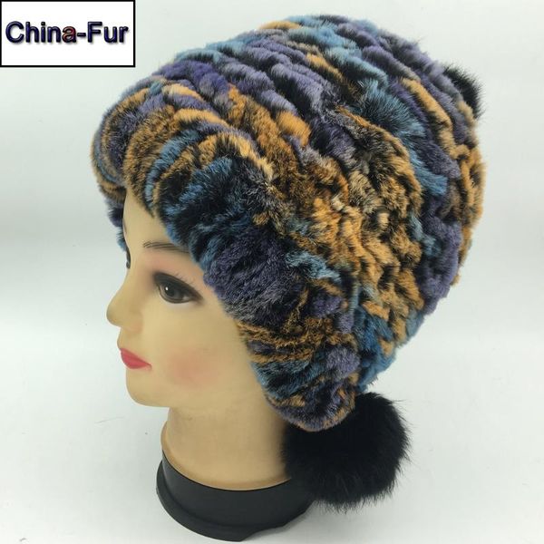 

2020 women real natural rex fur hat winter rex fur beanies cap with balls warm knitted caps, Blue;gray