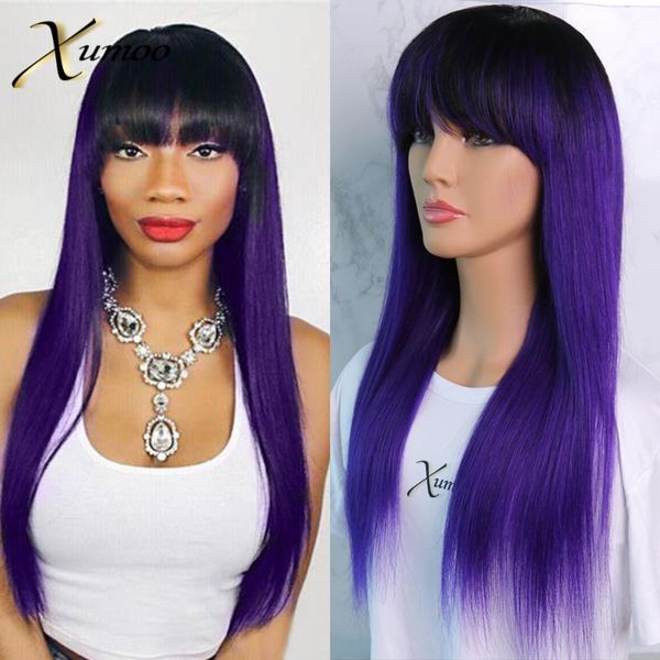 

lace wigs xumoo straight human hair purple red green blue ombre remy colored full machine made for women, Black;brown
