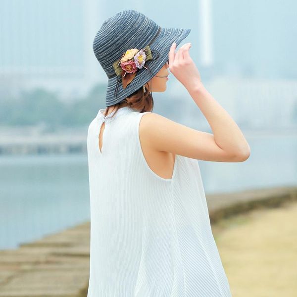 

wide brim hats stripe printed flower dome sunhat women summer uv protection beach travel foldable straw hat outdoor sunscreen cap, Blue;gray