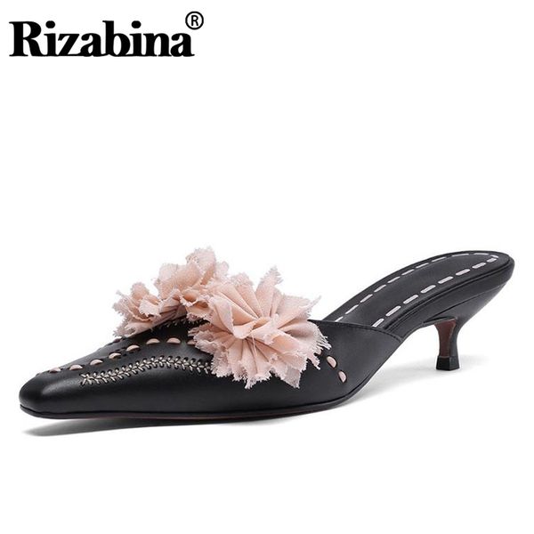 

rizabina 2020 genuine leather sandals pointed toe flower summer vacation sandals thin heel beach shoes woman footwear size 34-39, Black