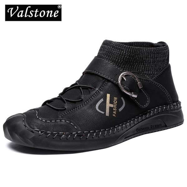 

valstone men leather hasp high-shoes autumn vintage flats short boots outdoor breathable fashion street male sneakers, Black