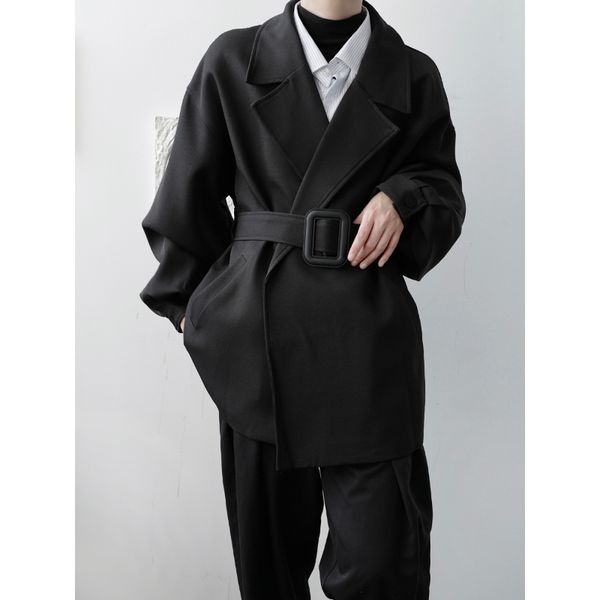 

men short design belt casual trench coat outerwear male women vintage fashion streetwear trench jacket overcoat, Tan;black