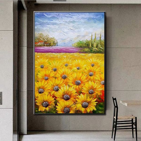 

modern minimalism style outdoor landscape knife sunflower oil painting canvas art abstract textured flower wall decor panel art selling