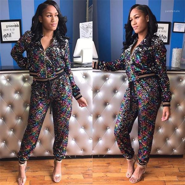 

piece sets fashion sequins crew neck long sleeve two piece pants style new style women designer clothes new womens 2, White