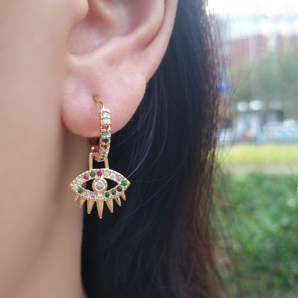 

gold greek eye earrings rainbow mini hoop earring with charm mexican jewelry aros argolla pequenos cz evil eye hoop piercing, Golden;silver