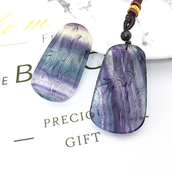 

natural fluorite stripe pendant brown rope chain healing reiki crystal stones carved bamboo necklace couples gifts fine jewelry, Silver