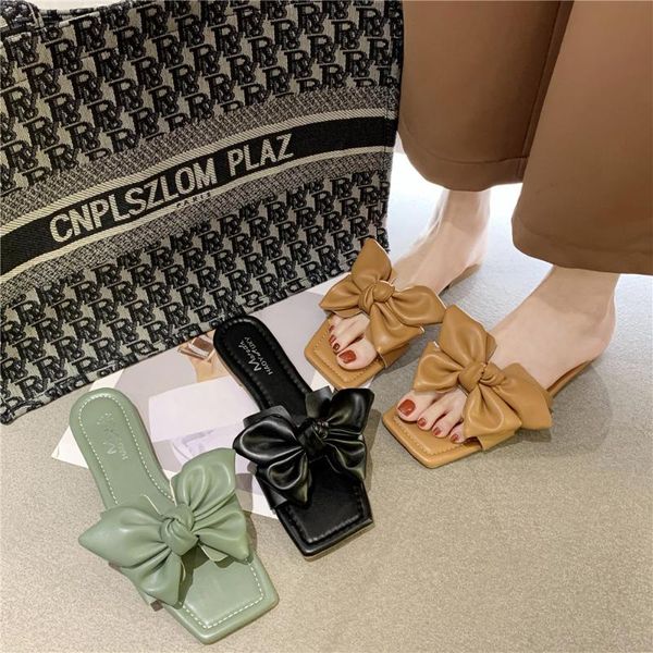 

weibate summer ladies плоских тапочки крытых нескользящая крупногабаритный лук украшение кожа открытого тапочки ladies open toe пляж обувь, Black