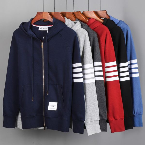 

trendy tb fog men and women celebrity inspired four-bar striped cotton sweater zipper hooded sports cardigan popular brand jacket couple, White;black