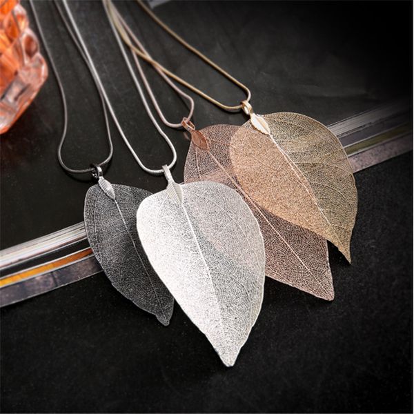 

pendant necklaces black silver color hollow leaf necklace women specimen sweater chain