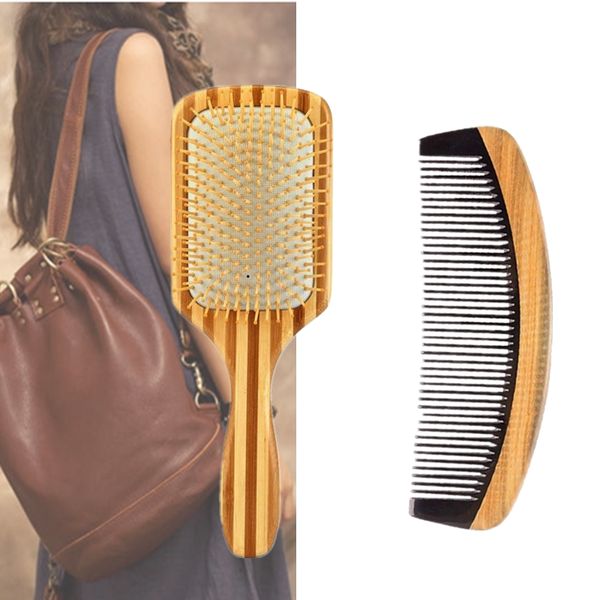 

New Bamboo Wood Paddle Hair Brush & Fine Tooth Horn Wood Comb Hair Set Makeup Fashion Styling Detangling Women Curly Hair Long Wig Clean