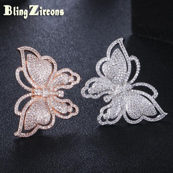 

blingzircons beautiful big butterfly shape tiny cubic zirconia stone pave setting rose gold color wedding rings for women r055, Silver