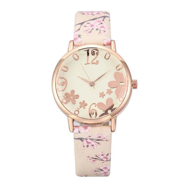

women fashionable embossed flowers small fresh printed watch gift clock leather belt student dress quartz wristwatch girl#b, Slivery;brown