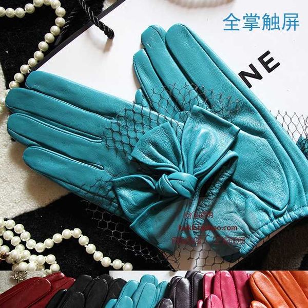 

five fingers gloves sheepskin fishnet big bow red black blue orange purple rose women touch screen leather, Blue;gray