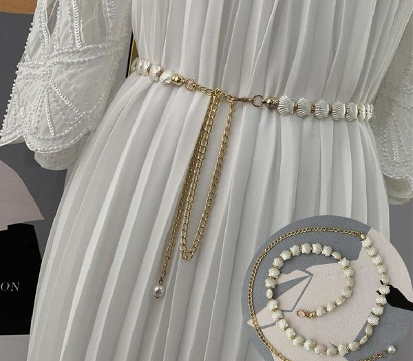 

fashion shells waist chain belt women elegant metal chain clothes dress decoration waistband long tassel belts for female, Black;brown