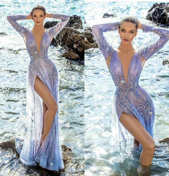 

full beads lace mermaid prom dresses deep v neck crystal high split evening gowns custom made luxury robe de soiree, Black;red