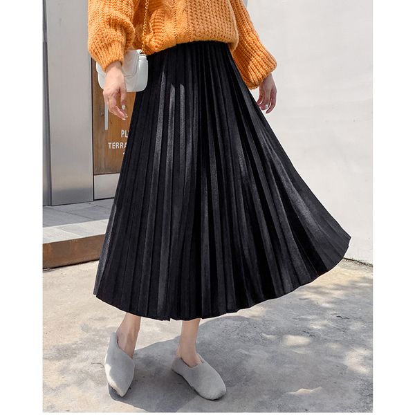 

skirts autumn 2021 women long metallic silver maxi pleated skirt midi high waist elascity casual party vintage, Black