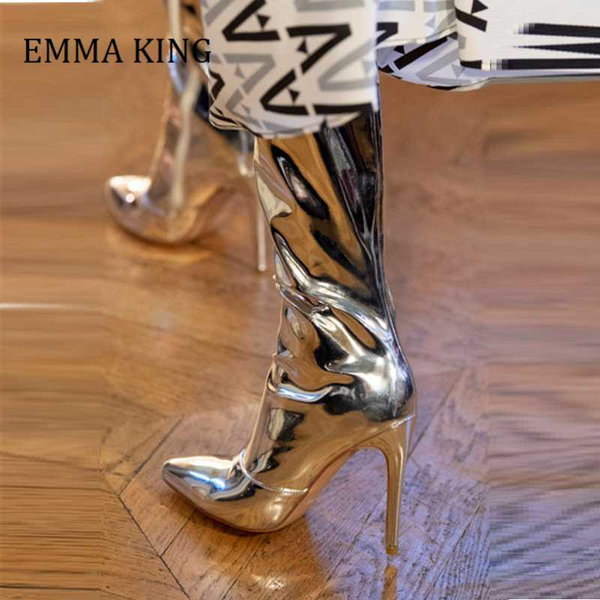 

2020 runway women boots gold silver mirror leather over the knee women boots 12cm super high heels long size 43, Black