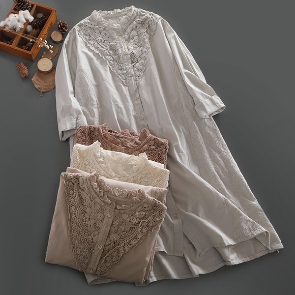 

superaen mid-length wooden ear lace embroidered shirt dress women's loose all-match fresh solid single-breasted women shirts, White