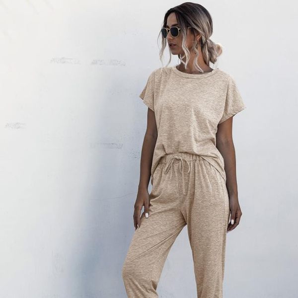 

2020 hotsale 2pcs лета женщин костюмы set lounge одежда с коротким рукавом топы длинные штаны пот костюмы эластичный пояс вскользь твердая, Gray