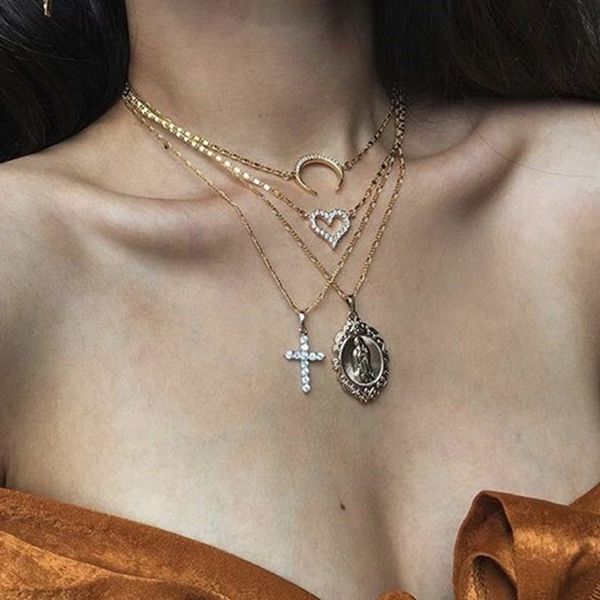 

pendant necklaces bohemian women fashon crystal heart corss necklace for virgin mary moon multilayer necklacevintage jewelry gifts, Silver