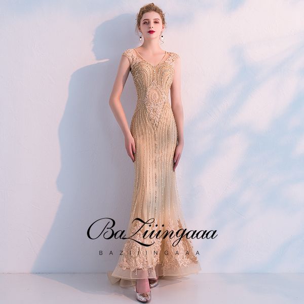 

party dresses baziiingaaa luxury gold beaded evening dress v-neck gown sleeveless mermaid design suitable for formal plus size, White;black