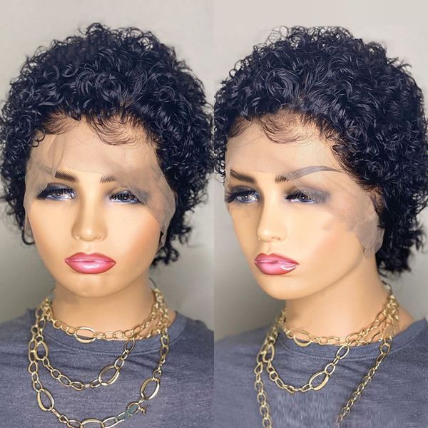 

pixie cut short curly 13x4 lace front human hair wigs bob brazilian preplucked remy hair lace wigs density 180% bleached knots, Black;brown