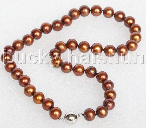 

chains jqhs 17" 10mm round coffee freshwater pearls beads string necklace magnet clasp j12690, Silver