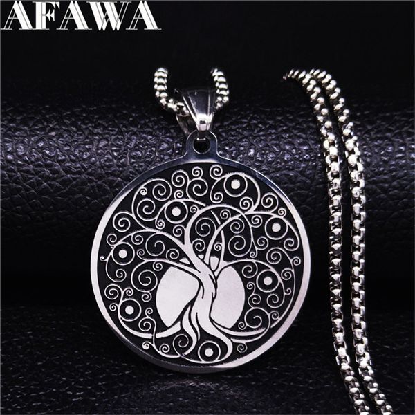 

afawa 2020 tree of life stainless steel statement necklace for women silver color necklaces & pendants jewelry joyas n4017s02