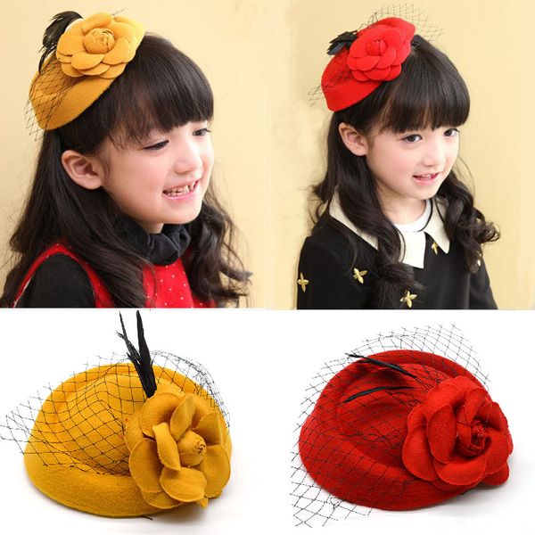 

party hats children/adults rose flower feather hat lace veil hair clip dancing beret ladies grand event accessories princess