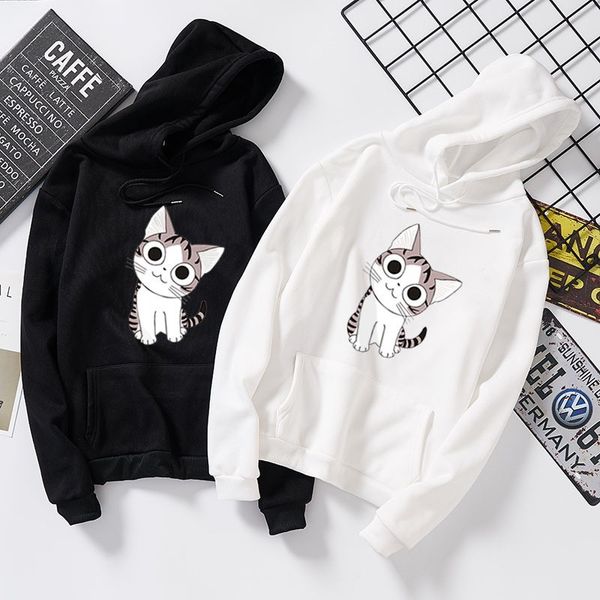 

kawaii cat hoodies men women print autumn harajuku hip hop sweatshirt man fashion winter fleece jumper drop, Black