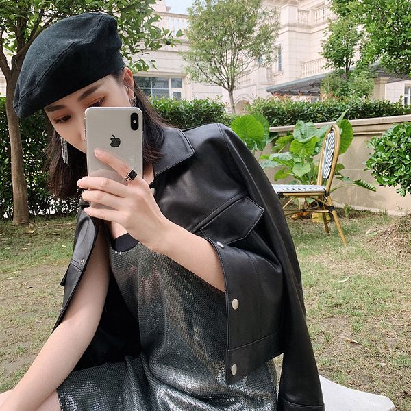 

genuine leather leather jacket women 2020 autumn and winter sheepskin korean short motorcycle jacket slim high waist, Black