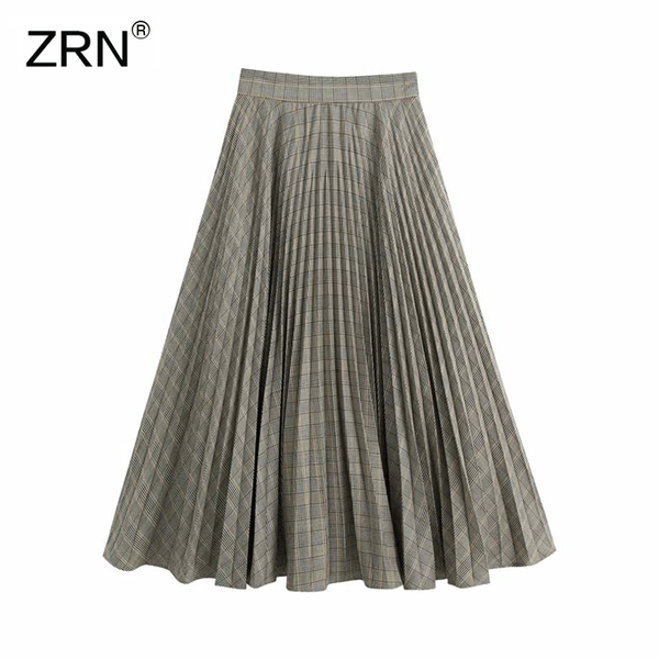 

skirts zrn women fashion vintage office wear pleated check midi skirt 2021 high waist side zipper plaid female mujer, Black
