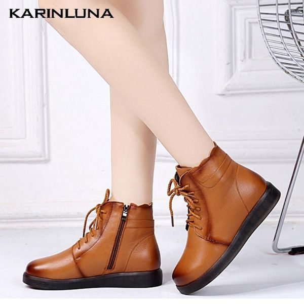 

karin big size 41 leisure cow leather wool warm round toe cross-tied flats with winter non-slip boots, Black