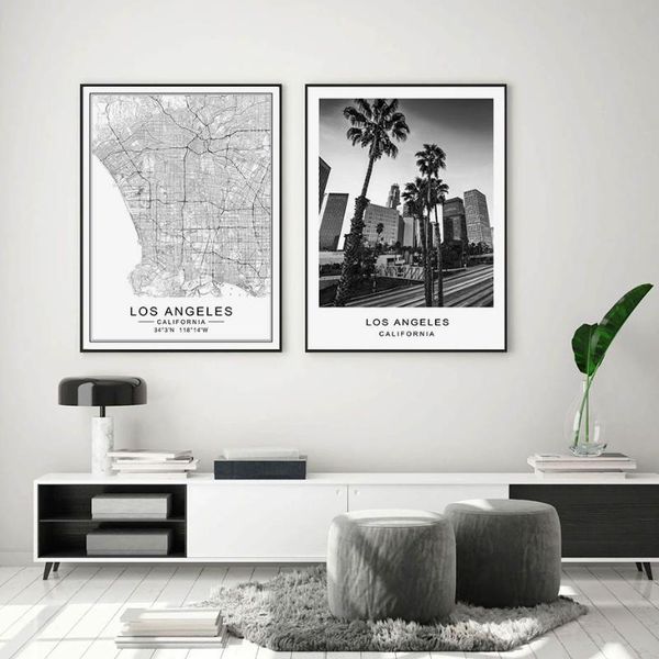 

paintings los angeles city map modern building landscape canvas painting poster print black white wall art pictures living room home decor