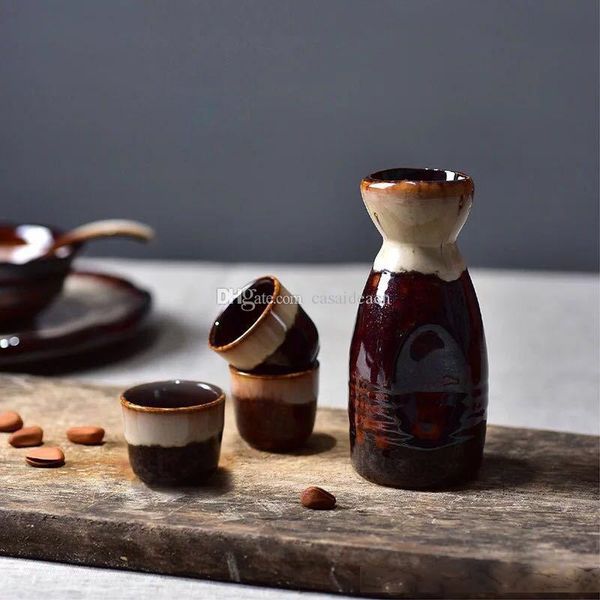 

antique japanese sake set with 1 takuri bottle 4 ochoko cups bisque darkred two tone reactive glaze pattern asian drinkware gift